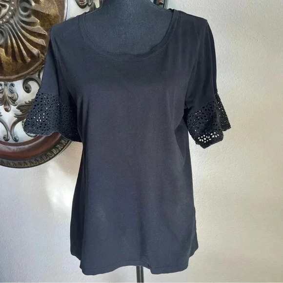 Talbots Cotton Crewneck Tee with Eyelet Bell Sleeves Large - Picture 1 of 9